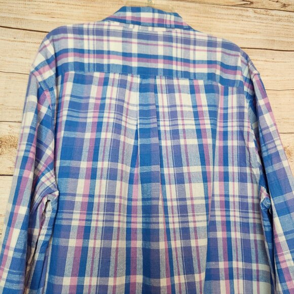 Vineyard Vines Mens M Blue White Plaid Classic Fit Whale Shirt Button Down Linen - Picture 10 of 15